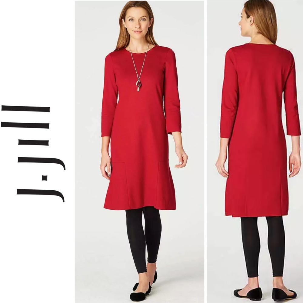 J.JILL Ponte Multi Seam Knit Dress Red 3/4 Sleeve